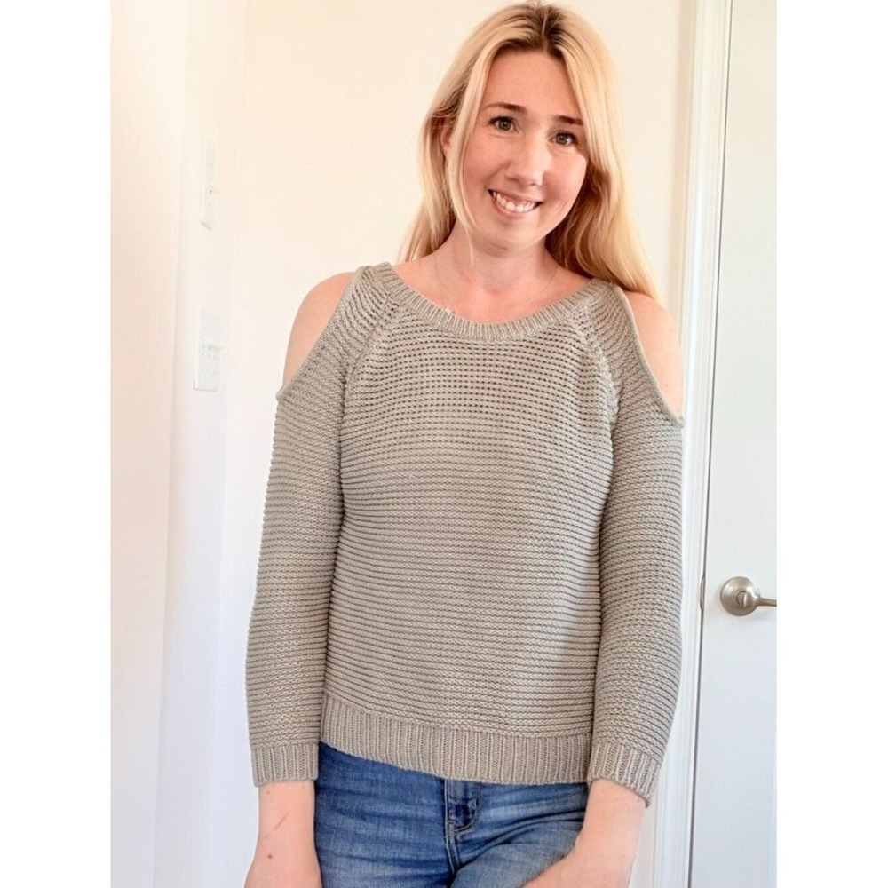 Off Shoulder Chunky Knit Sweater Gray Small Cozy Slouchy - Picture 2 of 9